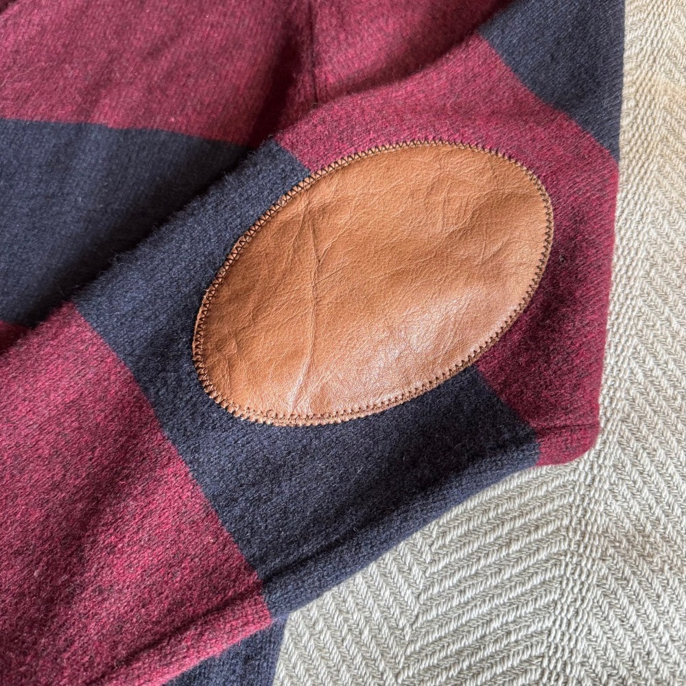 Scotch & Soda Mens XXL Wool Cardigan Striped Leather Elbow Patches Burgundy Navy - Picture 4 of 11